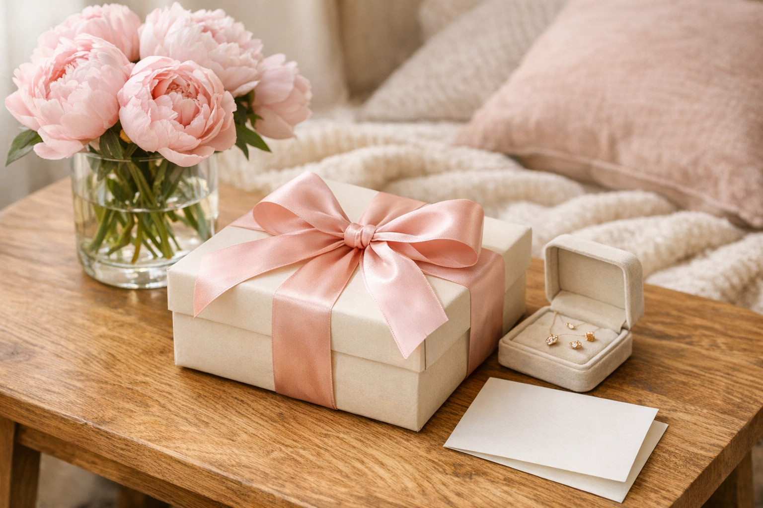 Elegancko zapakowany prezent dla niej z czerwoną wstążką